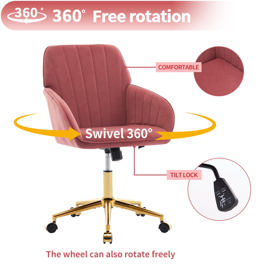 Modern Vanity Velvet Adjustable Low Back Rolling Chair, Twill Upholstered Cute Chair with Wheels