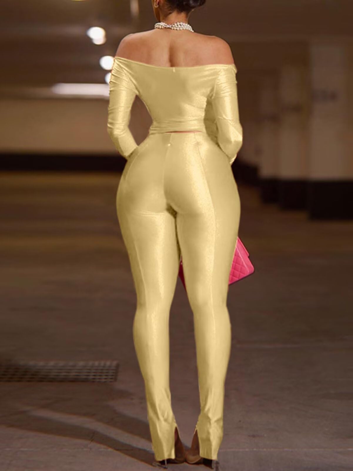 Women 2 Piece Outfits - Sexy Off Shoulder Tops Bodycon Flared Pant Sets