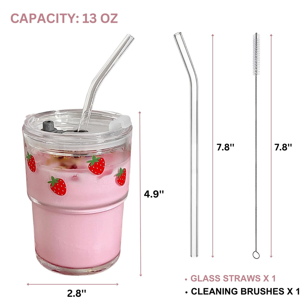 Glass Tumbler with Straw and Lid, Reusable Iced Coffee Cup Tumbler, Cute Glass Cups 13oz