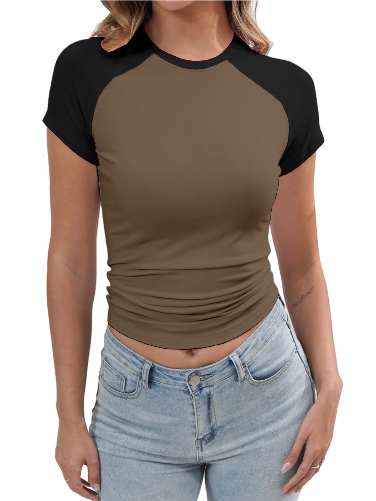 Women's Y2K Basic Shirts Short Sleeve Crewneck Slim Fit Stretchy Slightly Crop Top