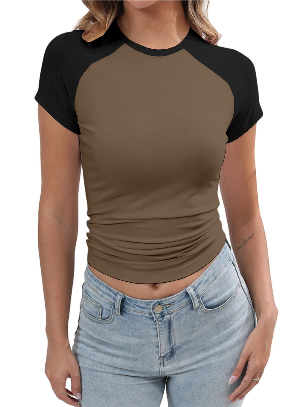 Women's Y2K Basic Shirts Short Sleeve Crewneck Slim Fit Stretchy Slightly Crop Top