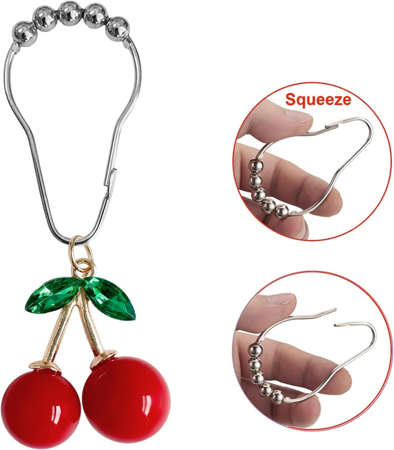 Cherry Bathroom Decor Curtain Hooks Rings for Bathroom Shower Rod (12pcs) - Rust Proof Metal Stainless Steel Curtain Ring Red Cherry Pendant Decoration