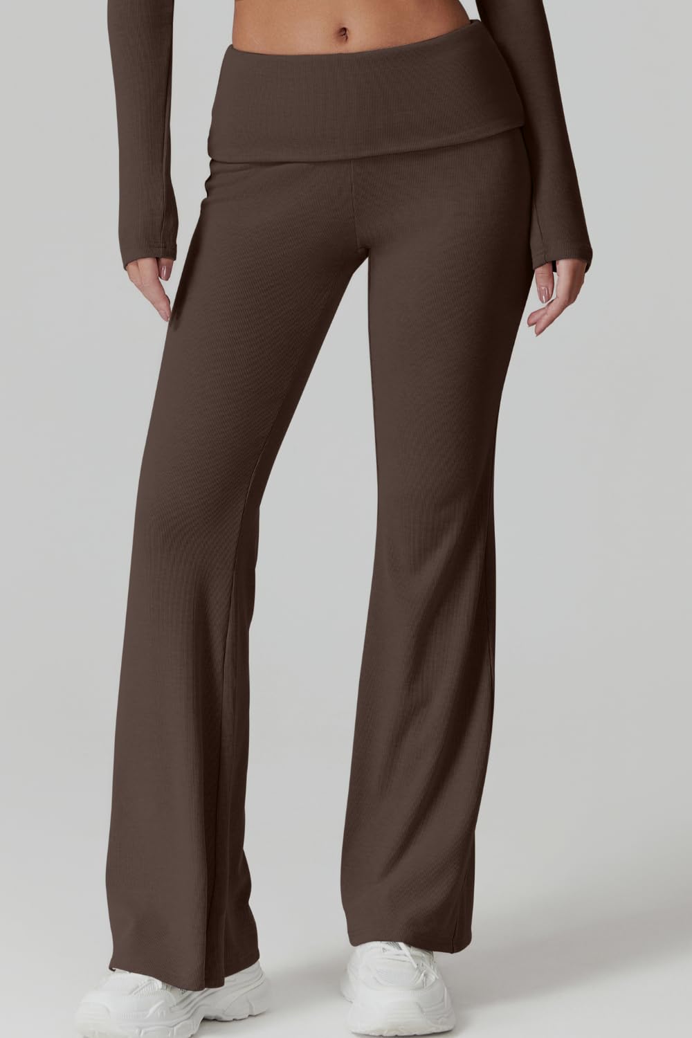 Womens 2 Piece Lounge Sets Mock Neck Long Sleeve Tops with Side Ruched Fold Over Flare Pants Comfy Tracksuits