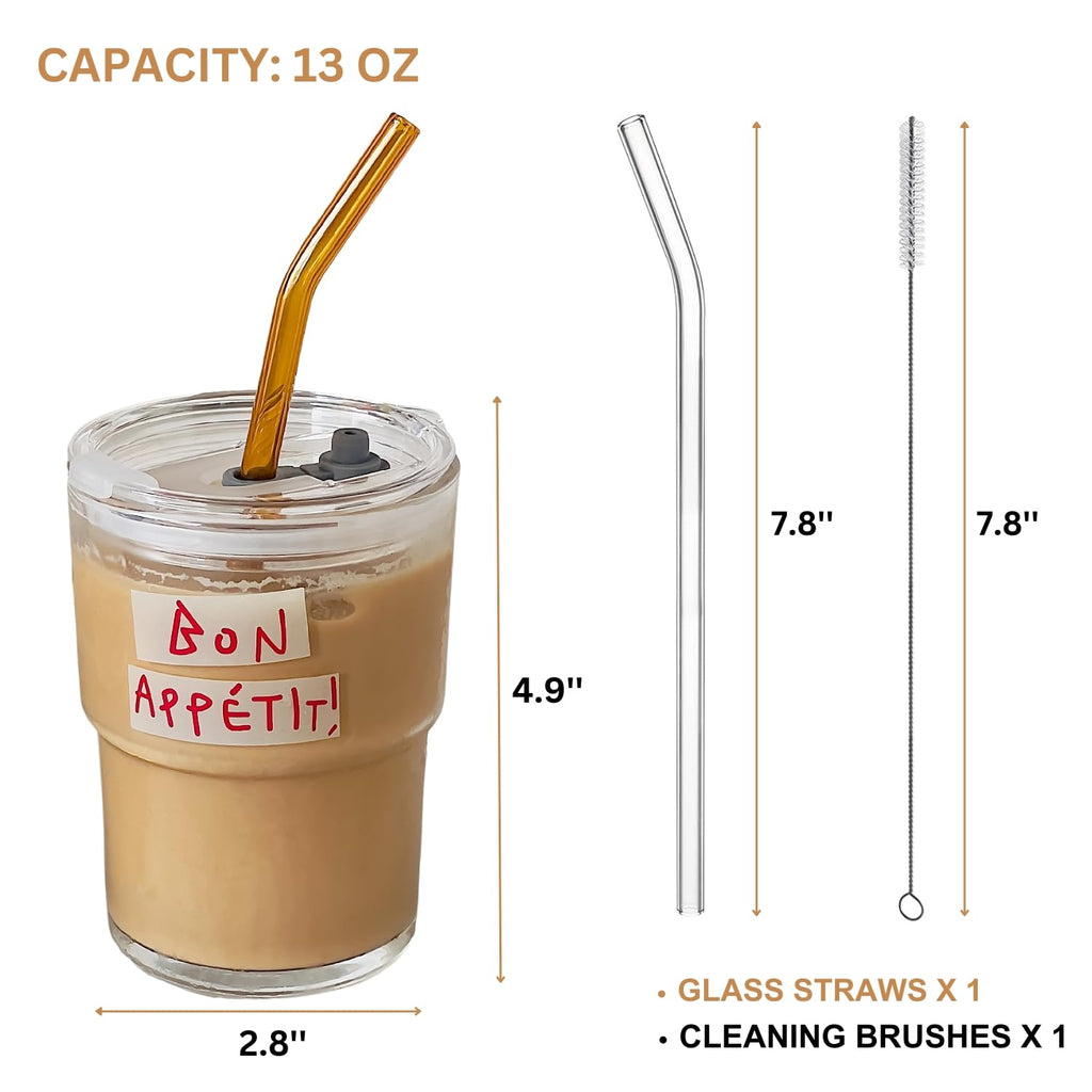 Glass Tumbler with Straw and Lid, Reusable Iced Coffee Cup Tumbler, Cute Glass Cups 13oz