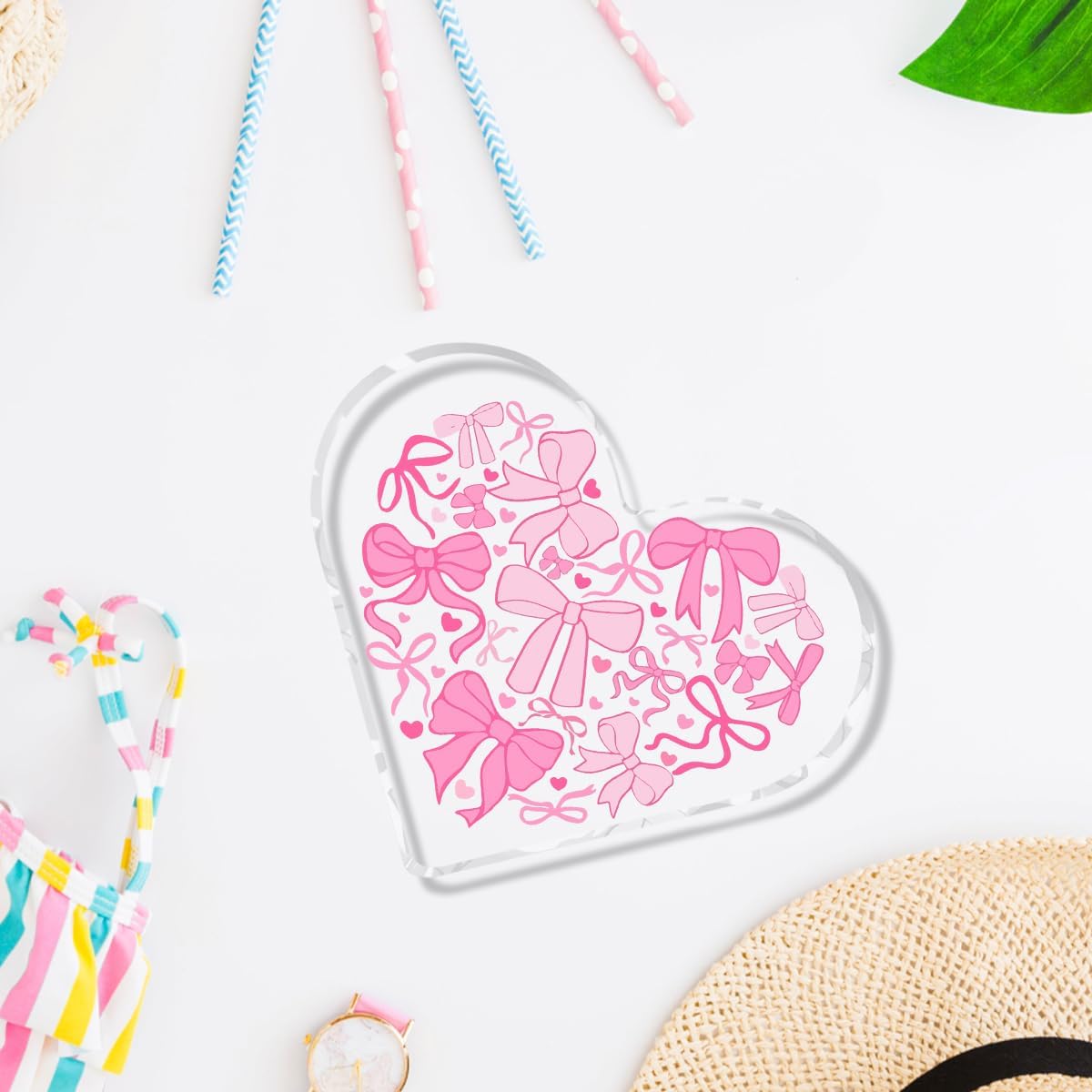 Pink Coquette Heart Bowknot Cute Decorative Faux Acrylic Heart-Shaped Decorative Sign for Home Office Love Theme Tabletop Mount 3.9 * 3.9 * 0.4