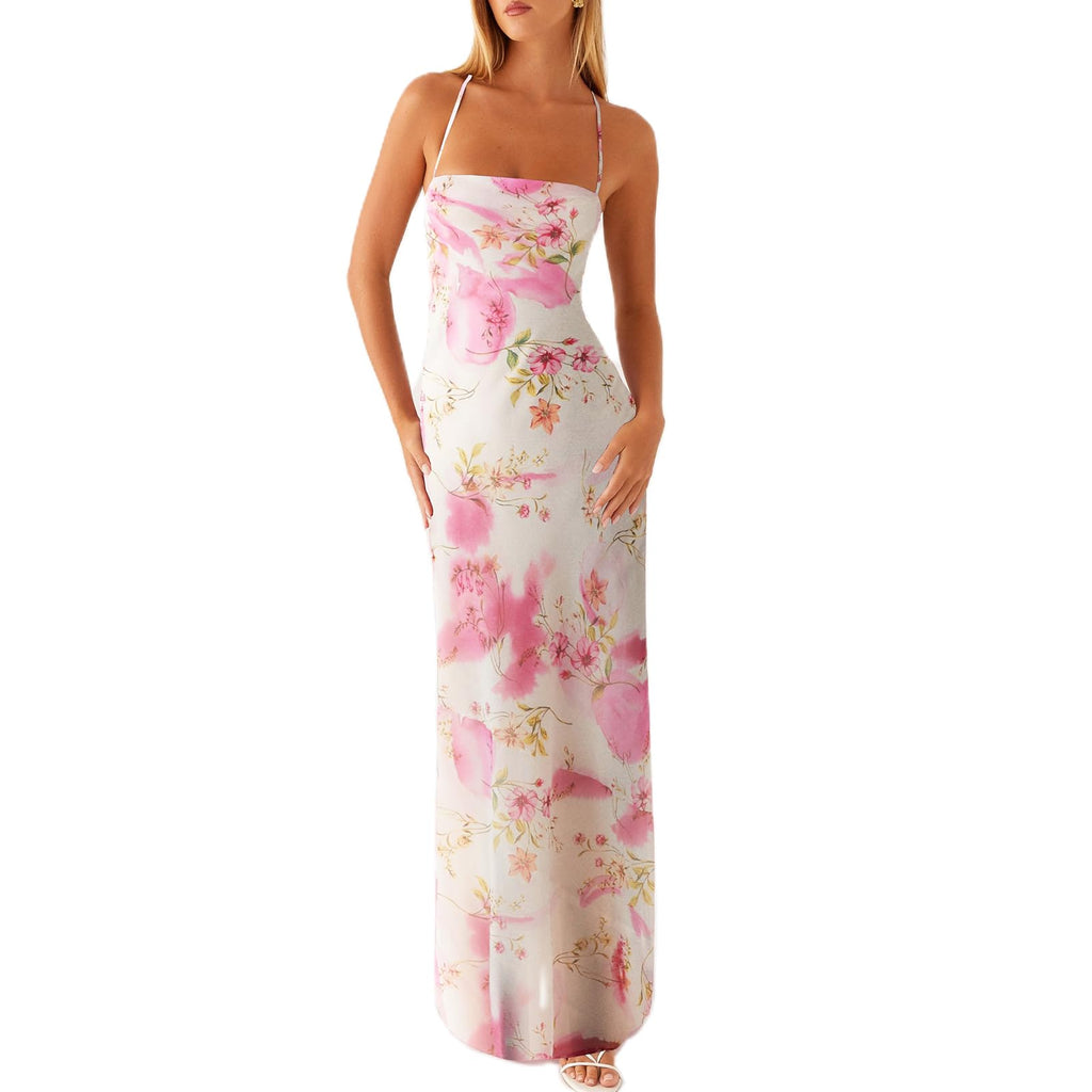 Women Floral Slip Dress Spaghetti Strap Maxi Dress Backless Slim Fit Long Dresses Flowers Print Going Out Dress