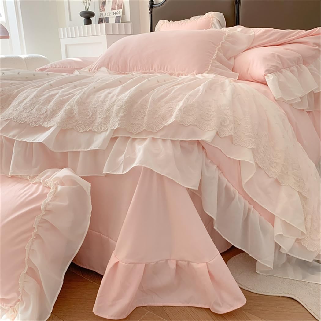 Lace Duvet Cover - Chiffon Ruffled Beddding Set with Flower, 3 Pieces Comforter Cover Set with Zipper Closure and Pillowcase