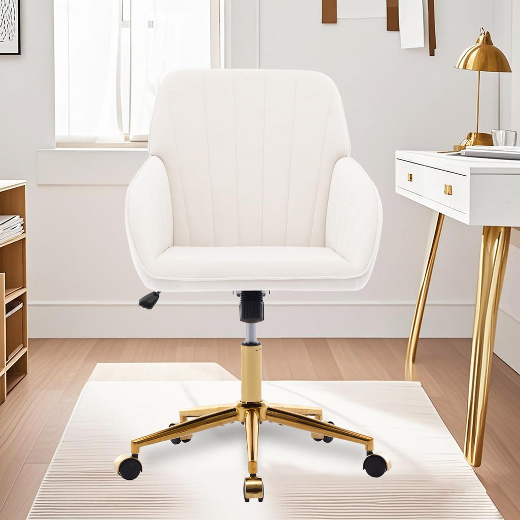 Modern Vanity Velvet Adjustable Low Back Rolling Chair, Twill Upholstered Cute Chair with Wheels