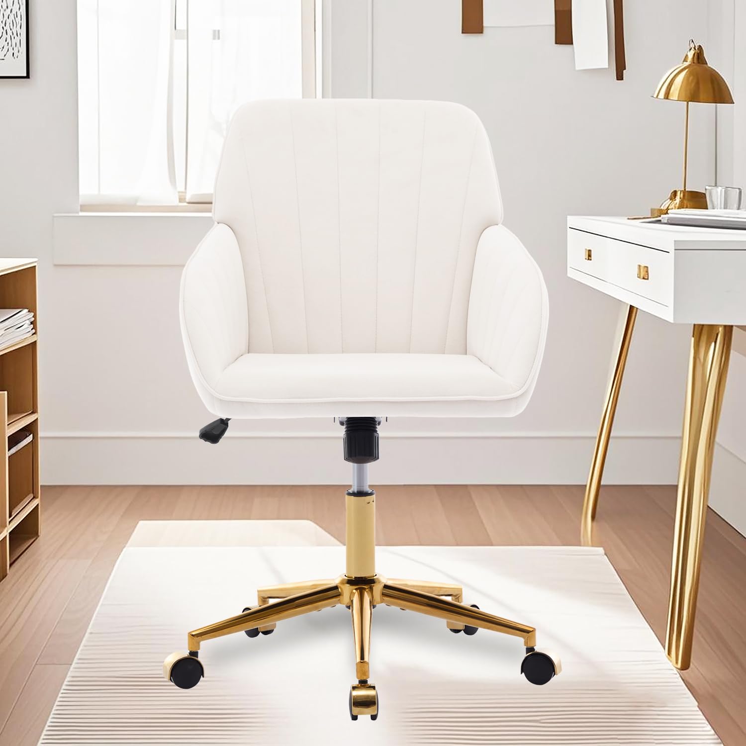 Modern Vanity Velvet Adjustable Low Back Rolling Chair, Twill Upholstered Cute Chair with Wheels