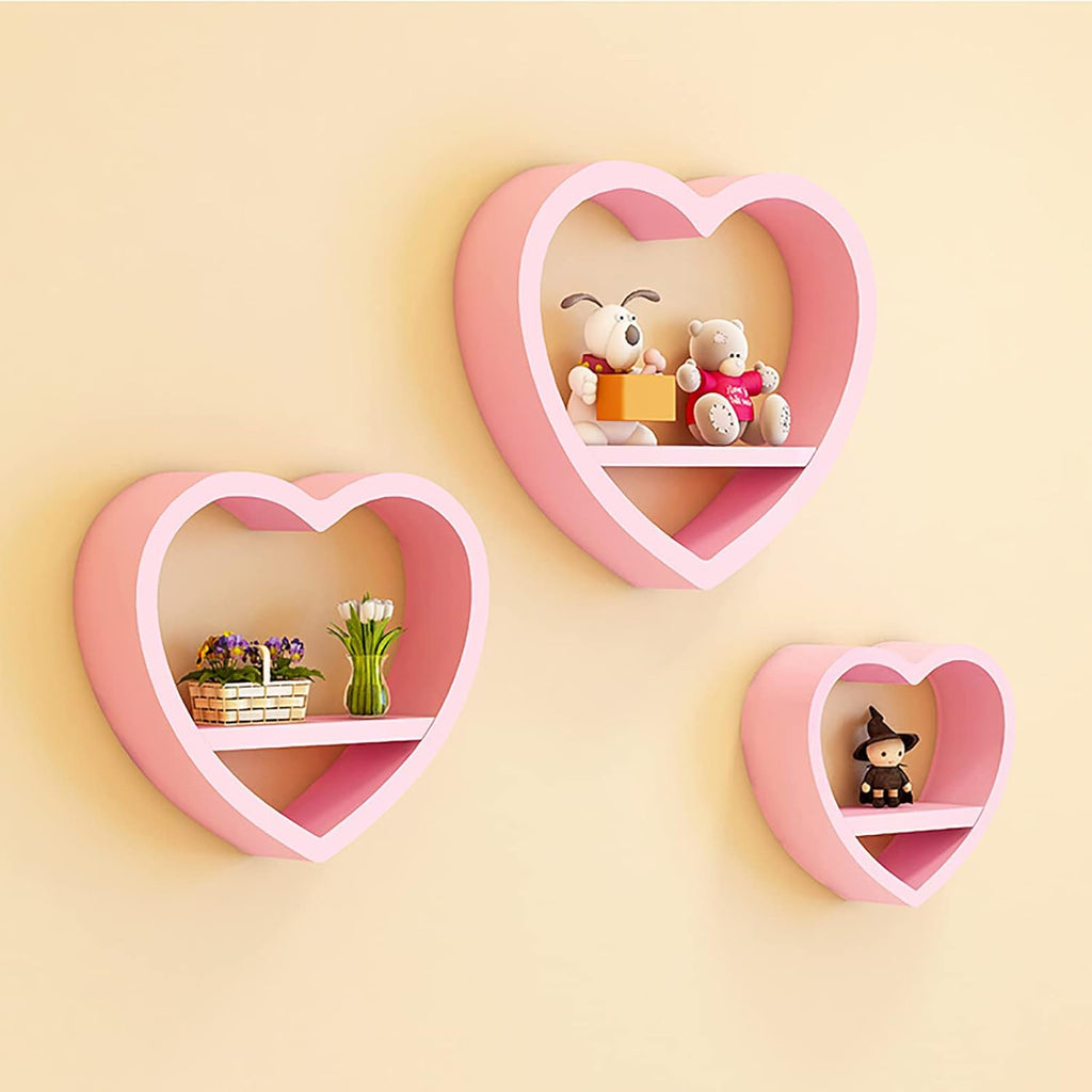Set of 3 Heart-Shaped Floating Shelves â€?Kawaii Wood Wall Decor for Bedroom, Bathroom & Living Room