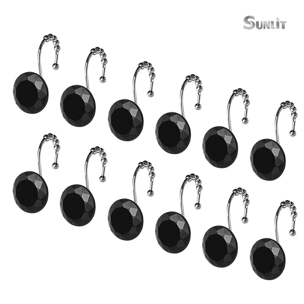 Luxury Design Round Diamond Crystal Gem Bling with Glide Balls Shower Curtain Hooks, Rust Proof Metal Rhinestones Glam Shower Curtain Rings-12 Pack