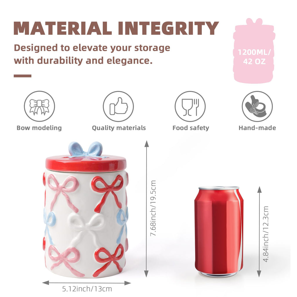 Cookie Bow Jars with Lid Airtight, 7.5 Inch Large Ceramic Food Storage Containers (42oz)