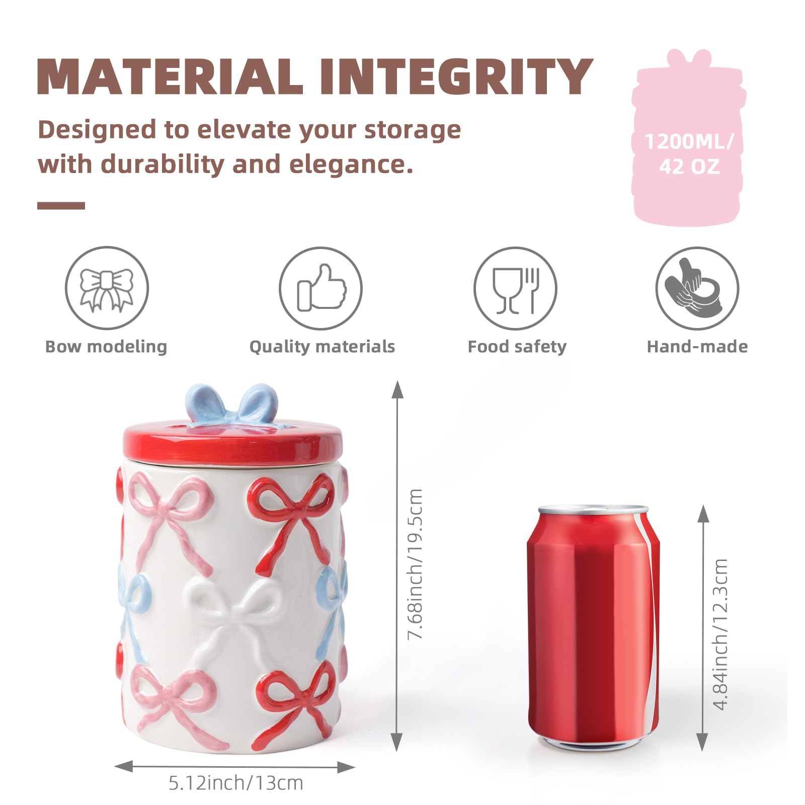 Cookie Bow Jars with Lid Airtight, 7.5 Inch Large Ceramic Food Storage Containers (42oz)