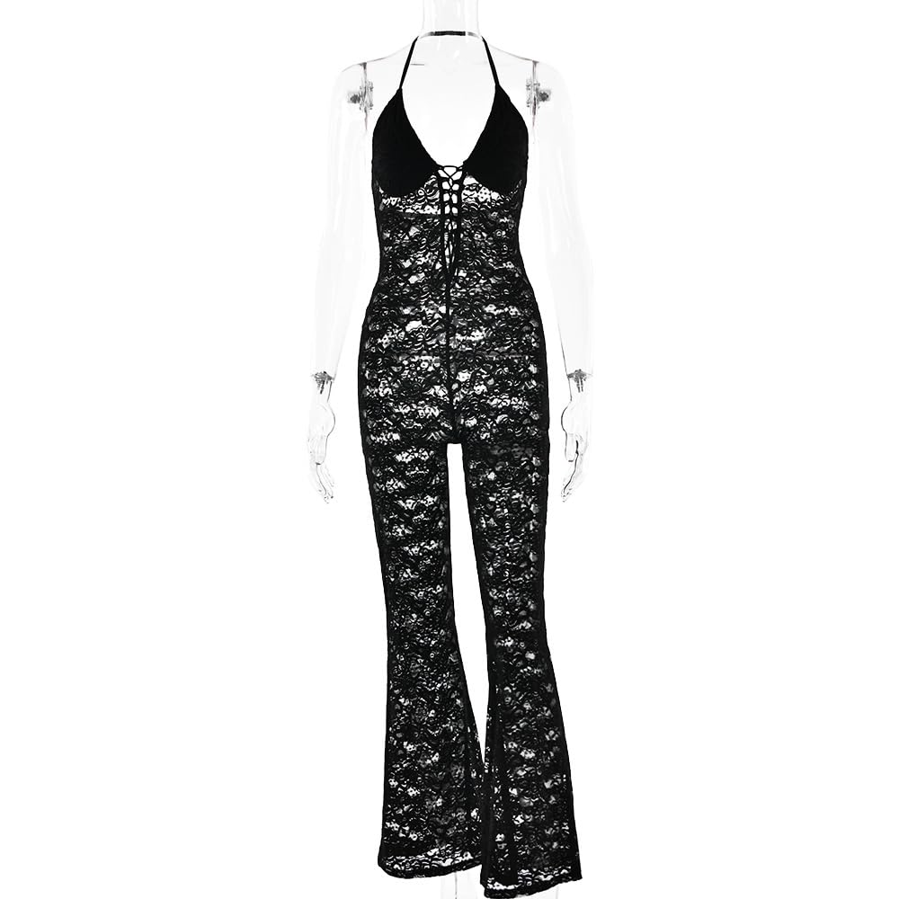 Women's Lace Jumpsuits Stretch See Through V Neck Drawstring Backless Flare Pants Rompers Sexy One Piece Outfits