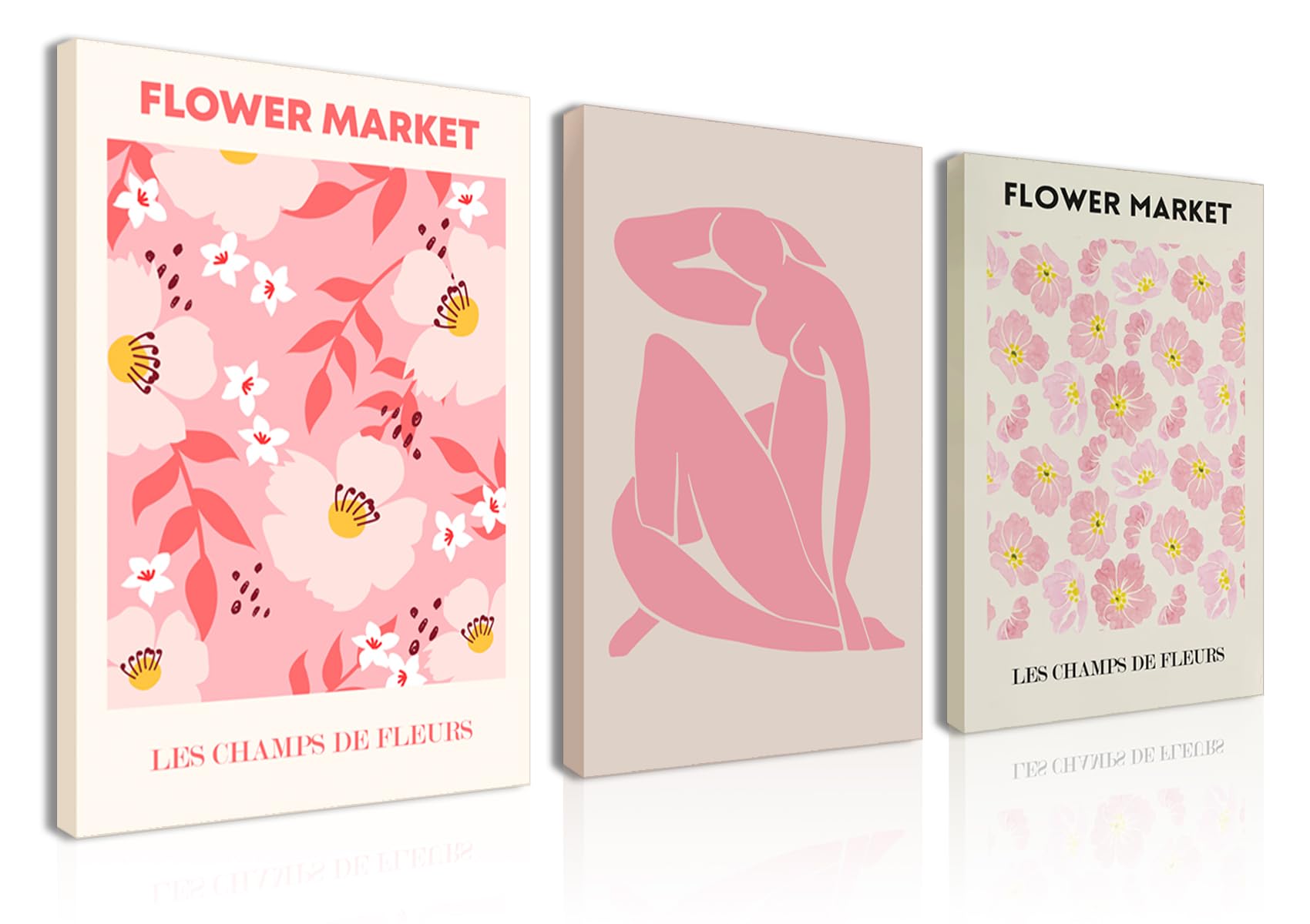 Pink Wall Art Set of 3 - Pink Flowers Wall Decor Vintage Canvas Print Picture Retro Abstract Exhibition Print 12×16 Inch Framed