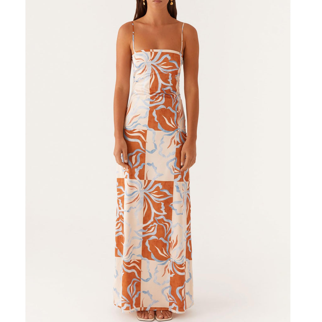 Women Floral Slip Dress Spaghetti Strap Maxi Dress Backless Slim Fit Long Dresses Flowers Print Going Out Dress