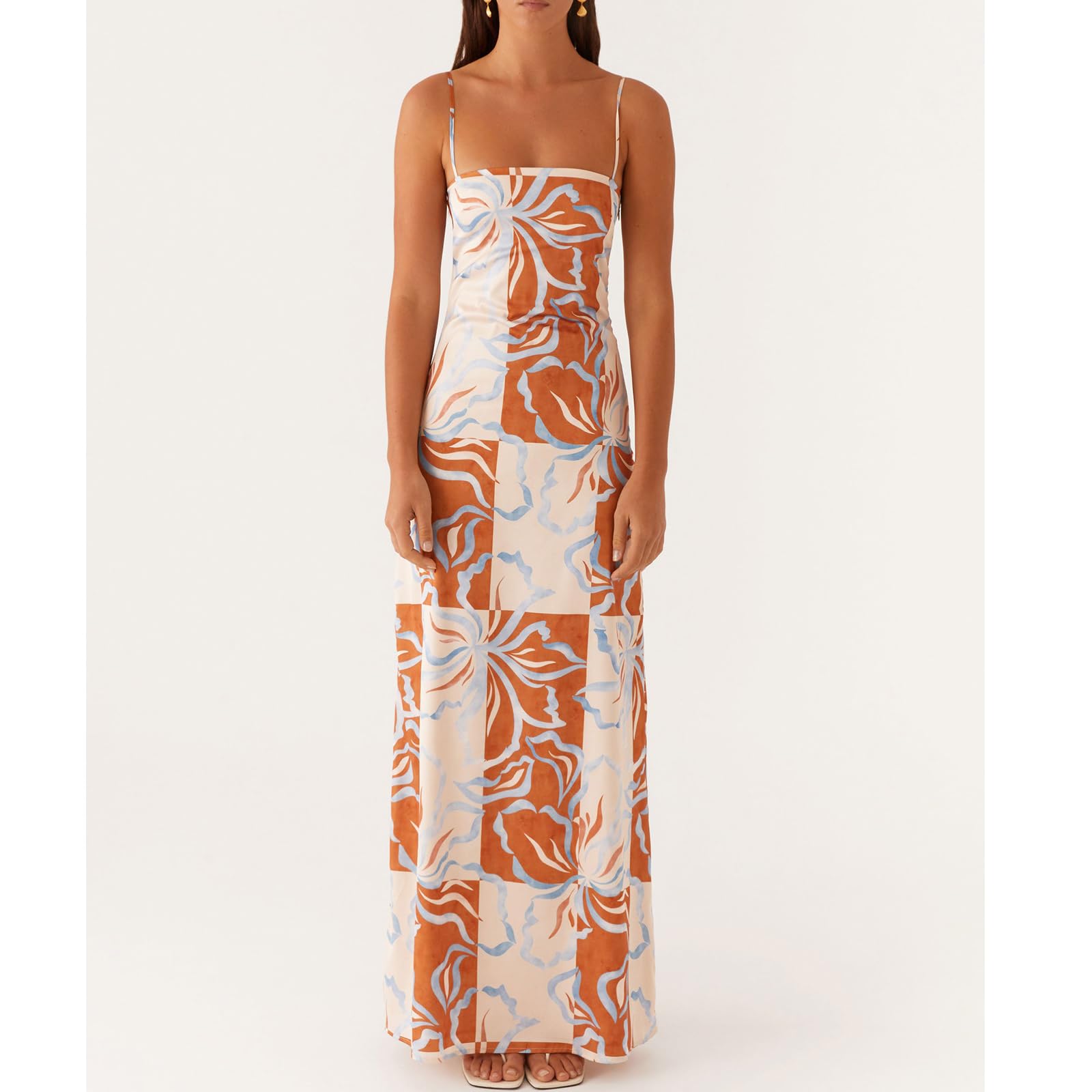 Women Floral Slip Dress Spaghetti Strap Maxi Dress Backless Slim Fit Long Dresses Flowers Print Going Out Dress