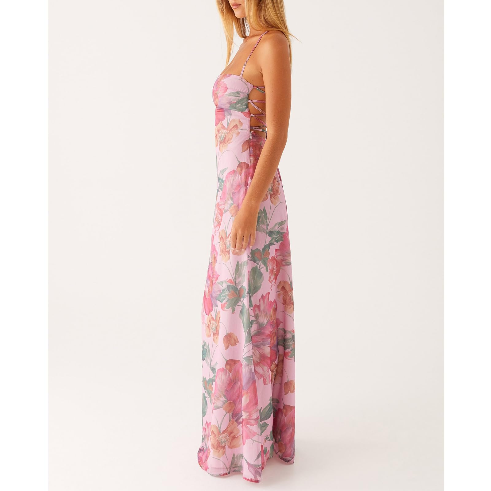 Women Floral Slip Dress Spaghetti Strap Maxi Dress Backless Slim Fit Long Dresses Flowers Print Going Out Dress