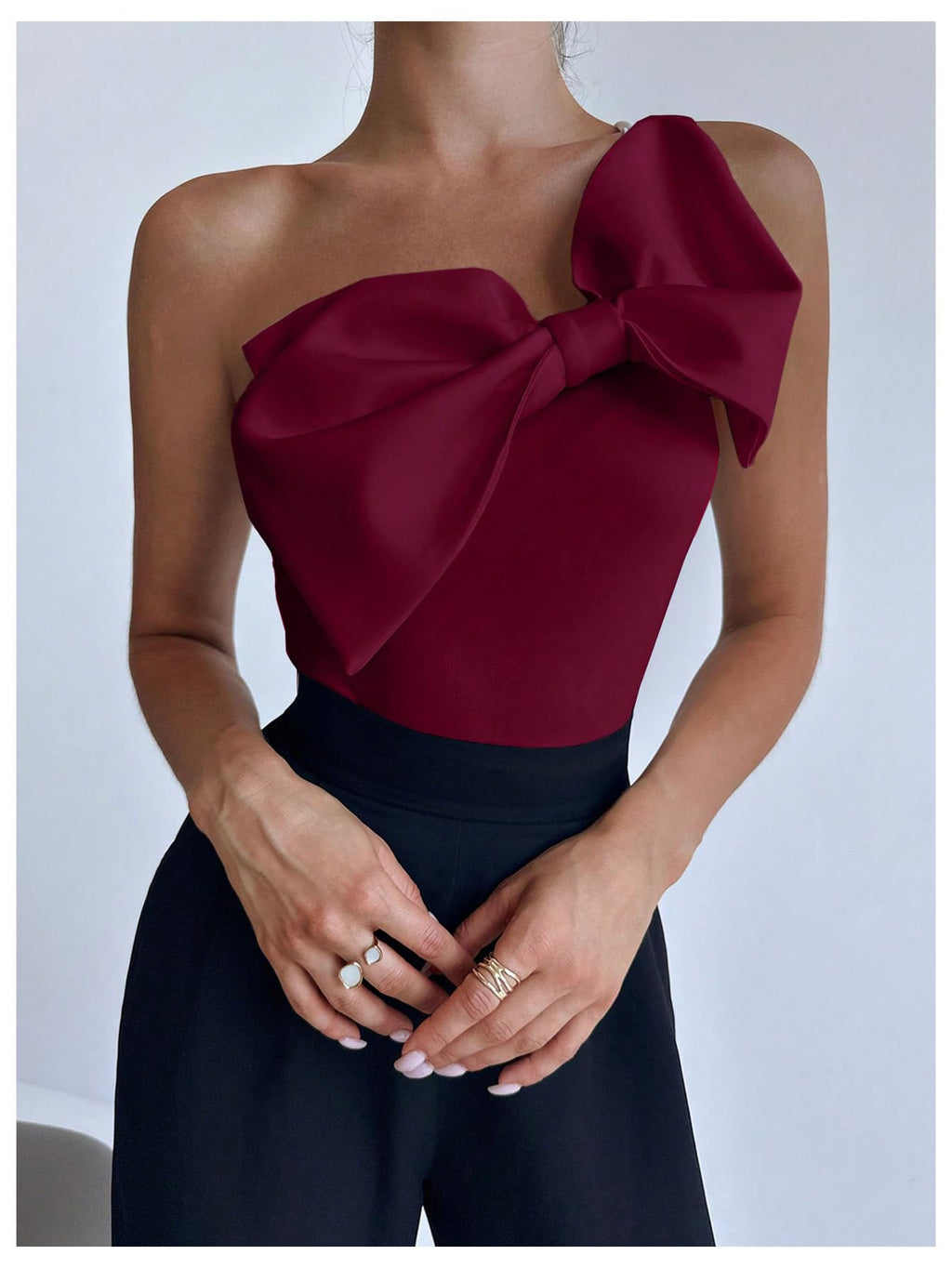 Women's One Shoulder Sleeveless Big Bow Front Elegant Fitted Tank Top Bodysuit