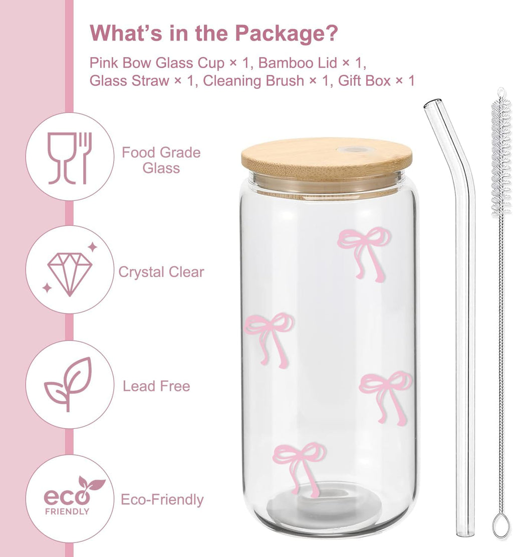 Coquette Aesthetic Glass Cup with Lid and Straw â€?Pink Bow Iced Coffee Tumbler, 16 oz, Includes Cleaning Brush and Gift Box