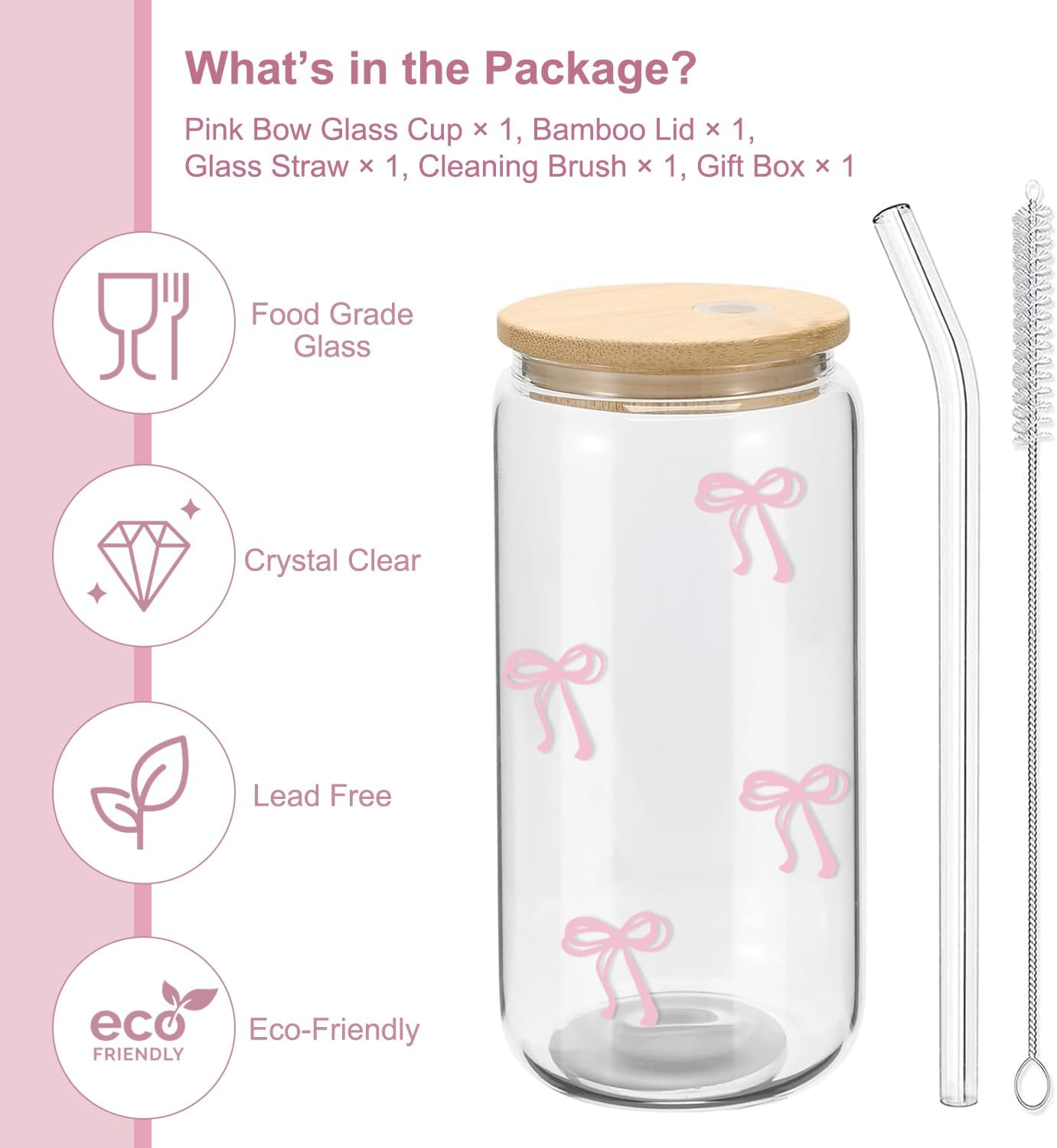 Coquette Aesthetic Glass Cup with Lid and Straw â€?Pink Bow Iced Coffee Tumbler, 16 oz, Includes Cleaning Brush and Gift Box