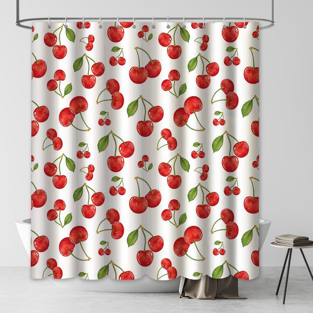 Cute Sweet Cherry Shower Curtain Set with Hooks - Fruit Shower Curtain for Bathroom - Waterproof Durable Fabric 72x72 Inches