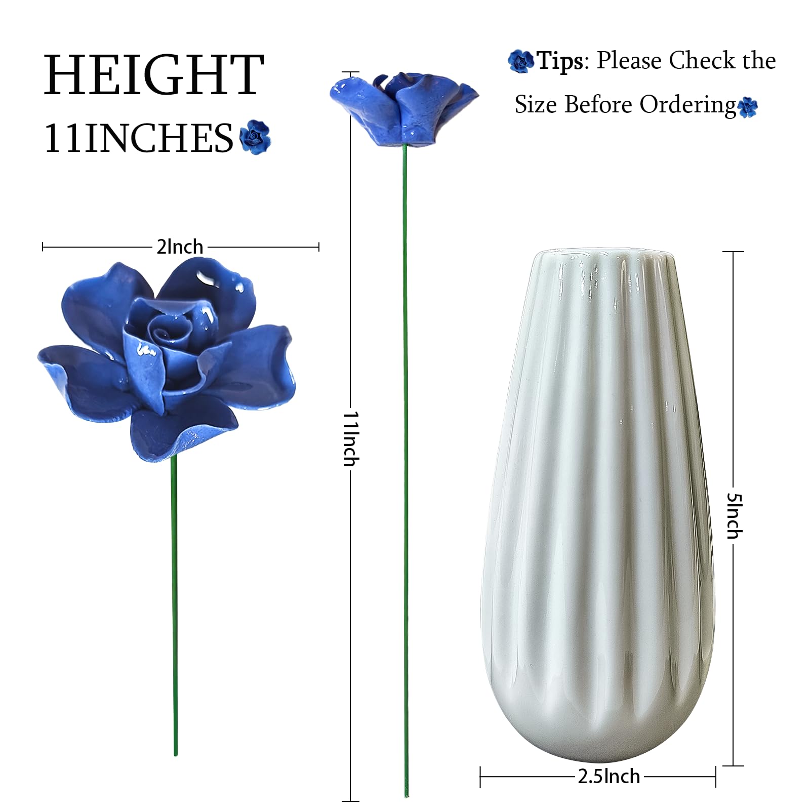 Handmade Ceramic Roses with Vase Set - 8 Artificial Porcelain Flowers and Modern Vase, Non-Fade Wedding Table Centerpiece, Eco-Friendly Home Décor for Living Room, Gift Box Included