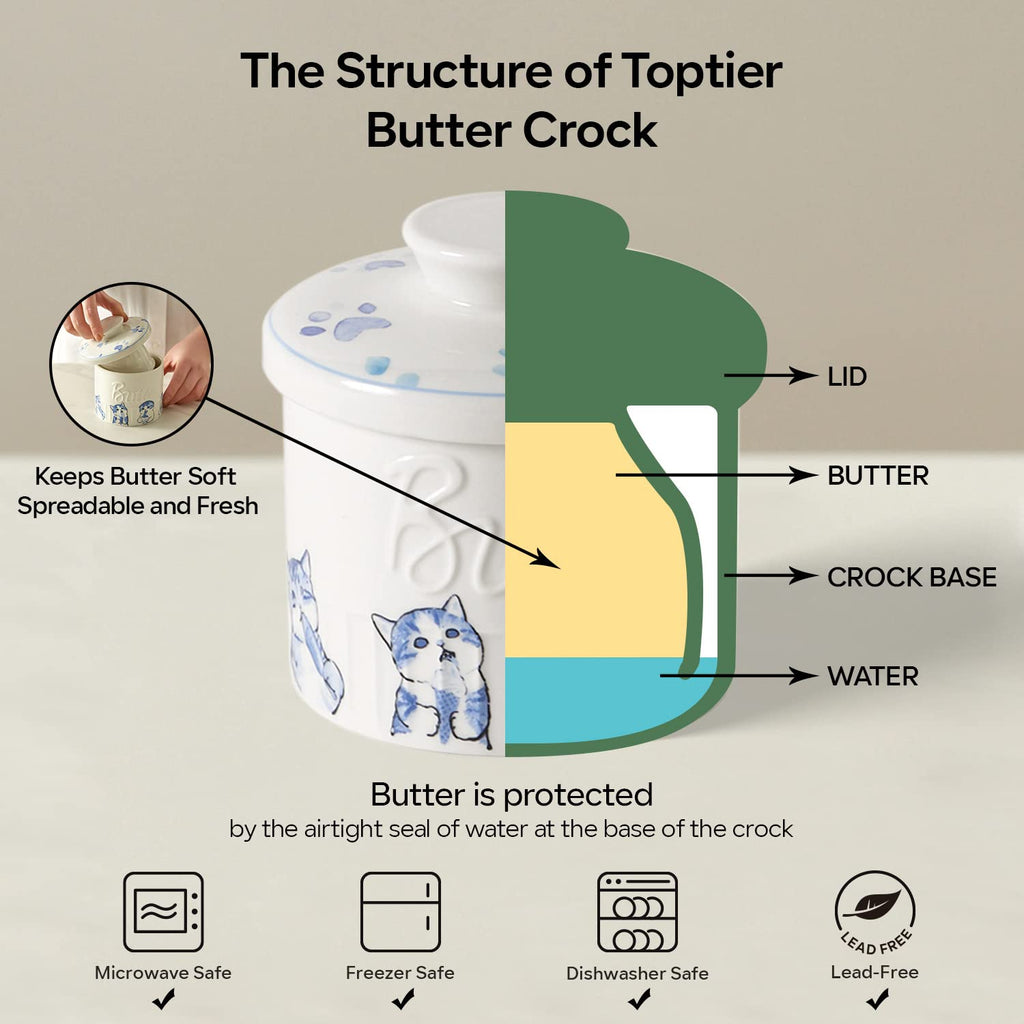 Toptier Ceramic French Butter Keeper with Water Line â€?Countertop Crock for Soft, Spreadable Butter