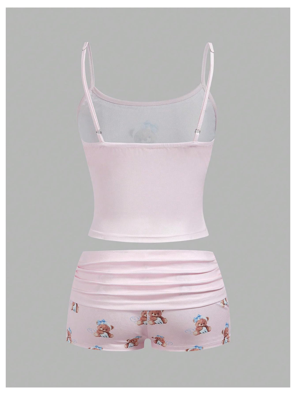 Women's 2 Piece Cute Pajama Set Cartoon Print Ruched Cami Crop Tops and Shorts Lounge Sets