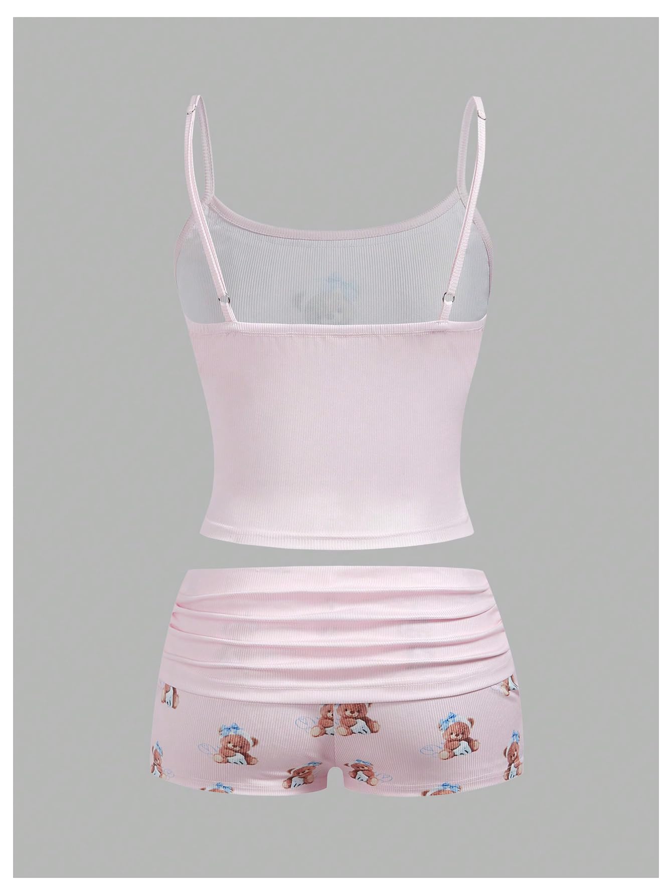 Women's 2 Piece Cute Pajama Set Cartoon Print Ruched Cami Crop Tops and Shorts Lounge Sets