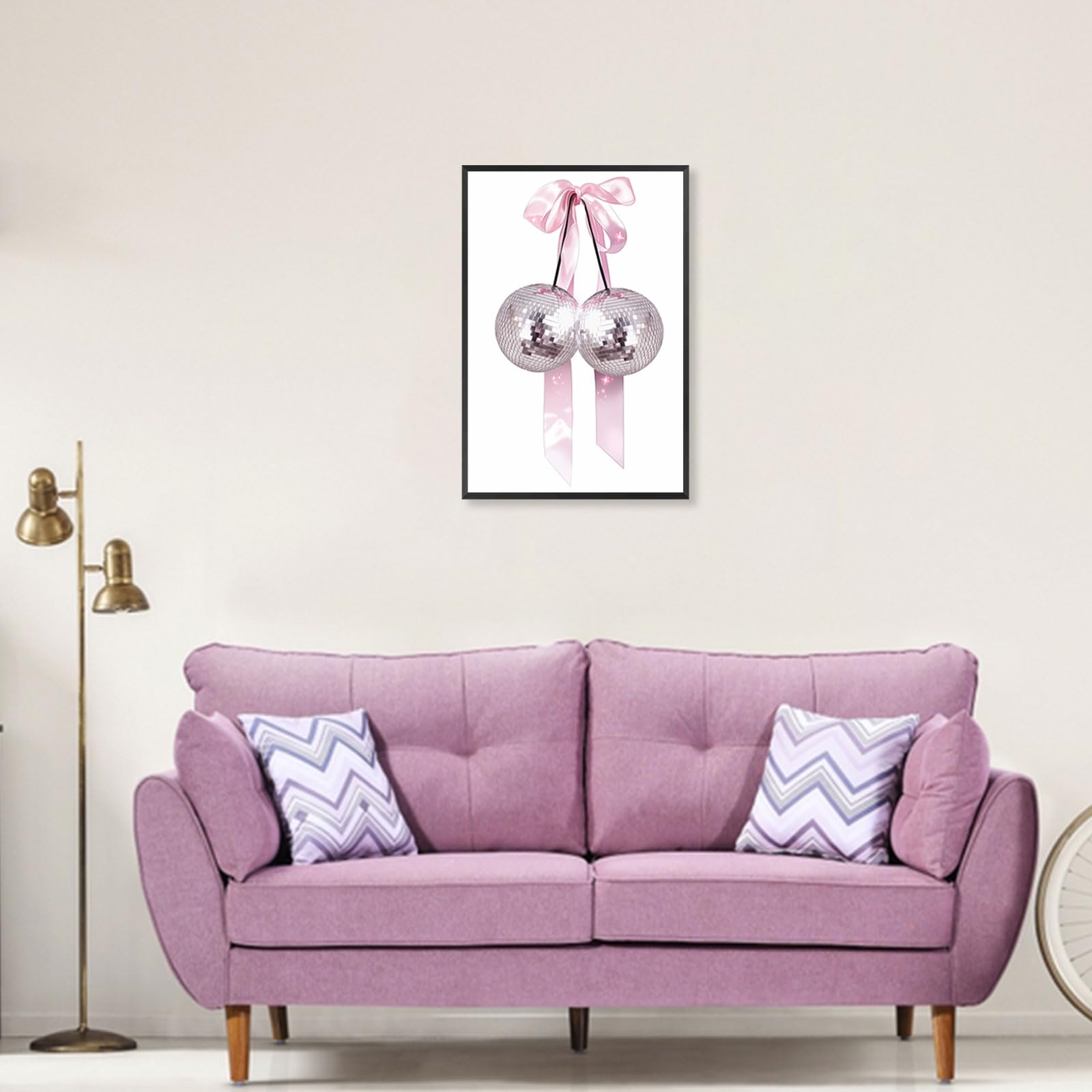 Trendy Pink Bow Disco Ball Posters White Cherry Canvas Wall Art Funky Coquette Bow Ribbon Preppy Aesthetic Prints Painting