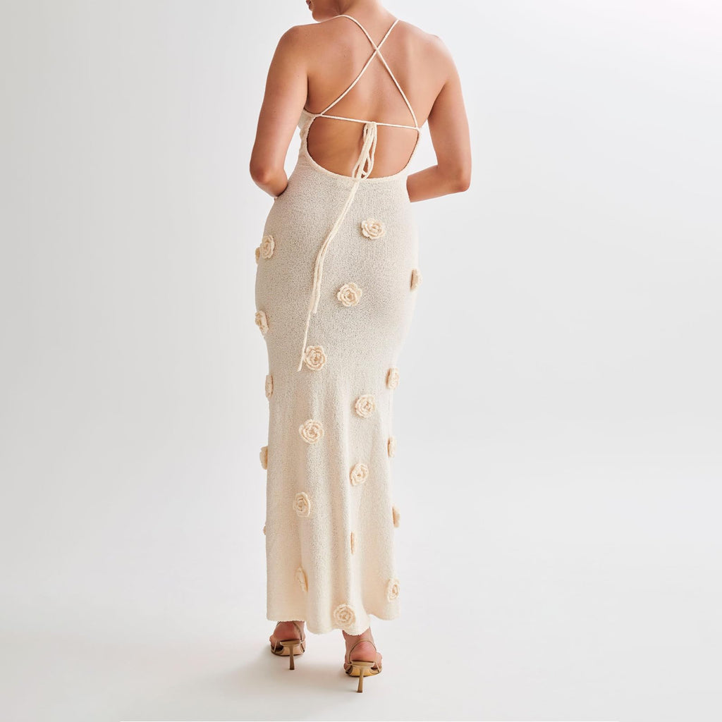 Women Knit Maxi Cami 3D Floral Bodycon Long Sexy Spaghetti Strap Tie Backless Dress