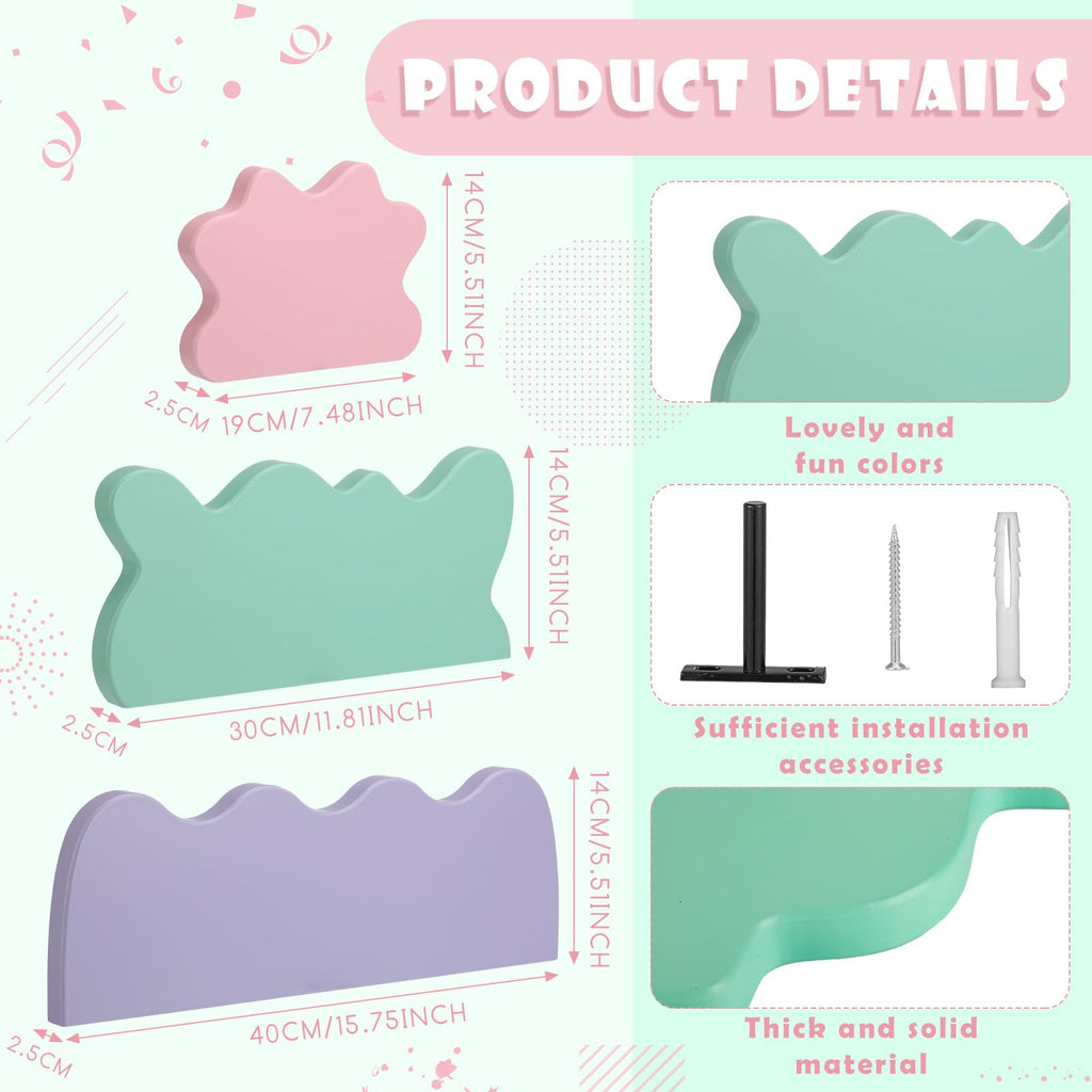 Set of 3 Wavy Cloud Floating Shelves â€?Funky Kawaii Danish Wall Decor for Bedroom & Bathroom (Pink, Green, Purple)