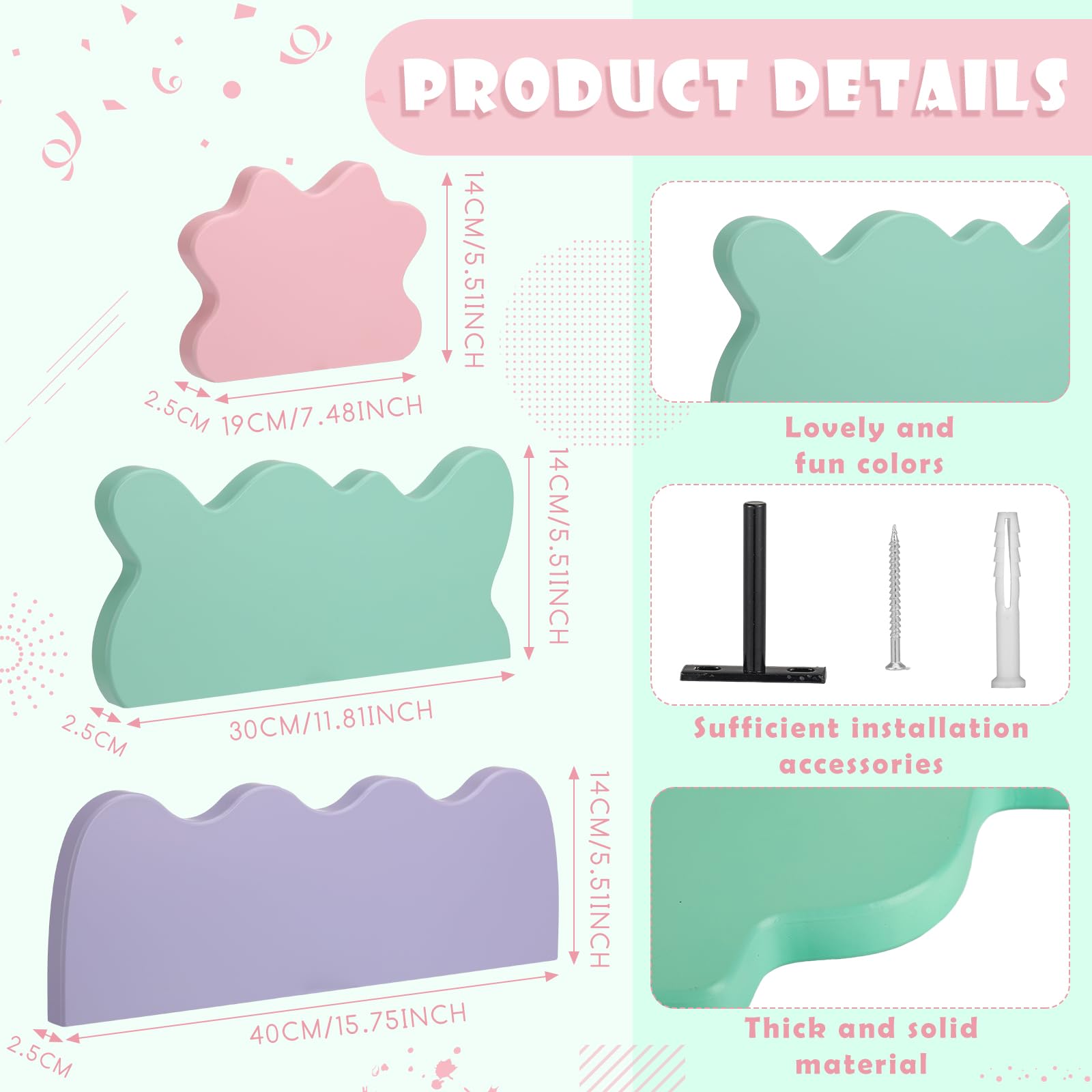 Set of 3 Wavy Cloud Floating Shelves â€?Funky Kawaii Danish Wall Decor for Bedroom & Bathroom (Pink, Green, Purple)