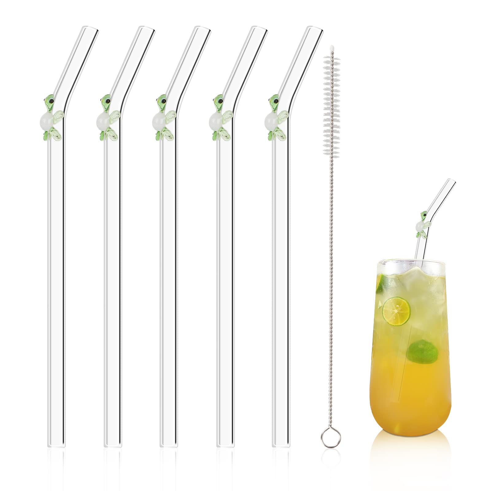 Reusable Straws Clear Glass Straws Colorful Butterfly Design Size 7.8" x 8mm with 1 Cleaning Brush 5 Pcs