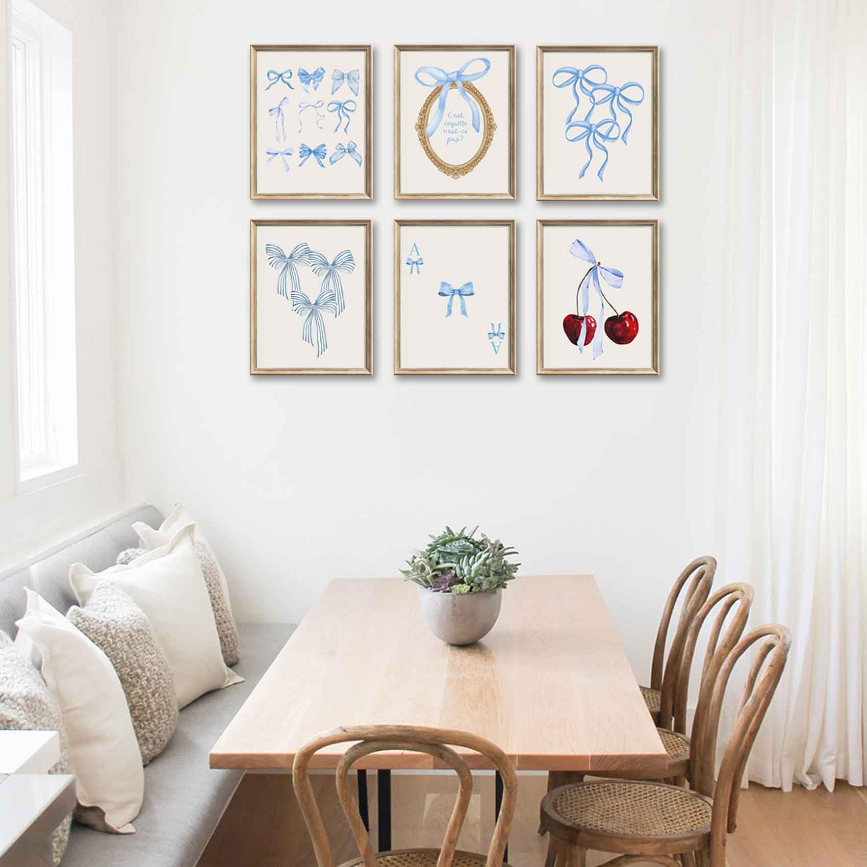 Coquette 6pcs Blue Bow Canvas Wall Art Preppy Decor Trendy Red Cherry Mirror Posters Room Decoration Unframed