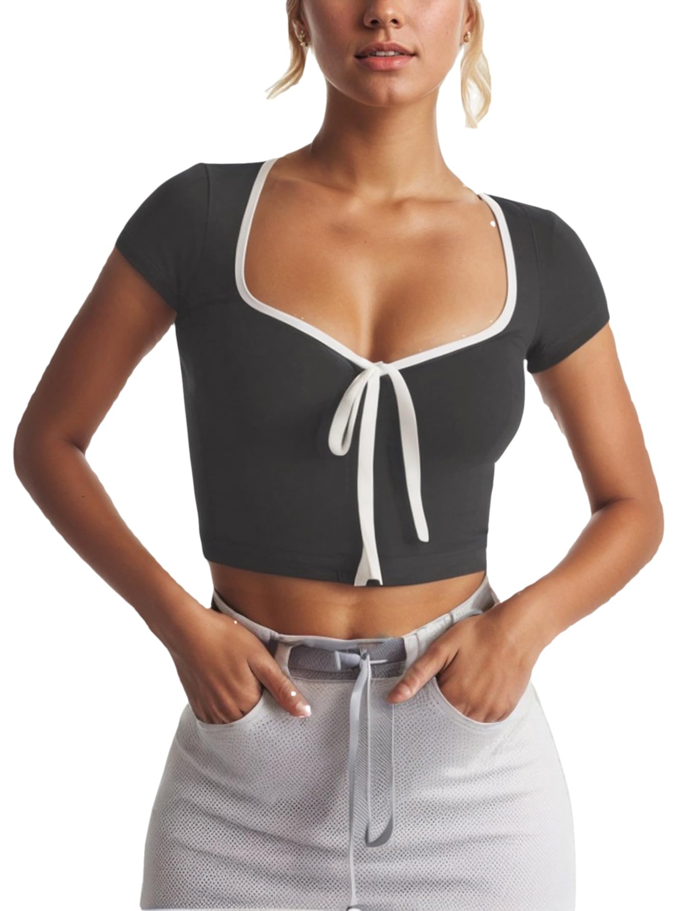 Womens Summer Short Sleeve Bow Square Neck Baby Tees Color Block Basic Crop Tops