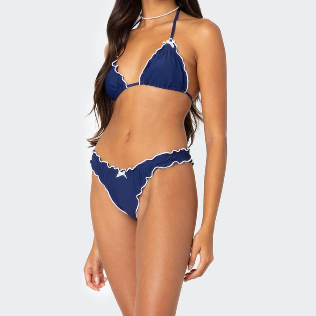 Women Cute Bikini Set Lettuce Trim Halter Neck Tie Up Bikini Top Triangle Set 2 Pieces Coquette Bathing Suit