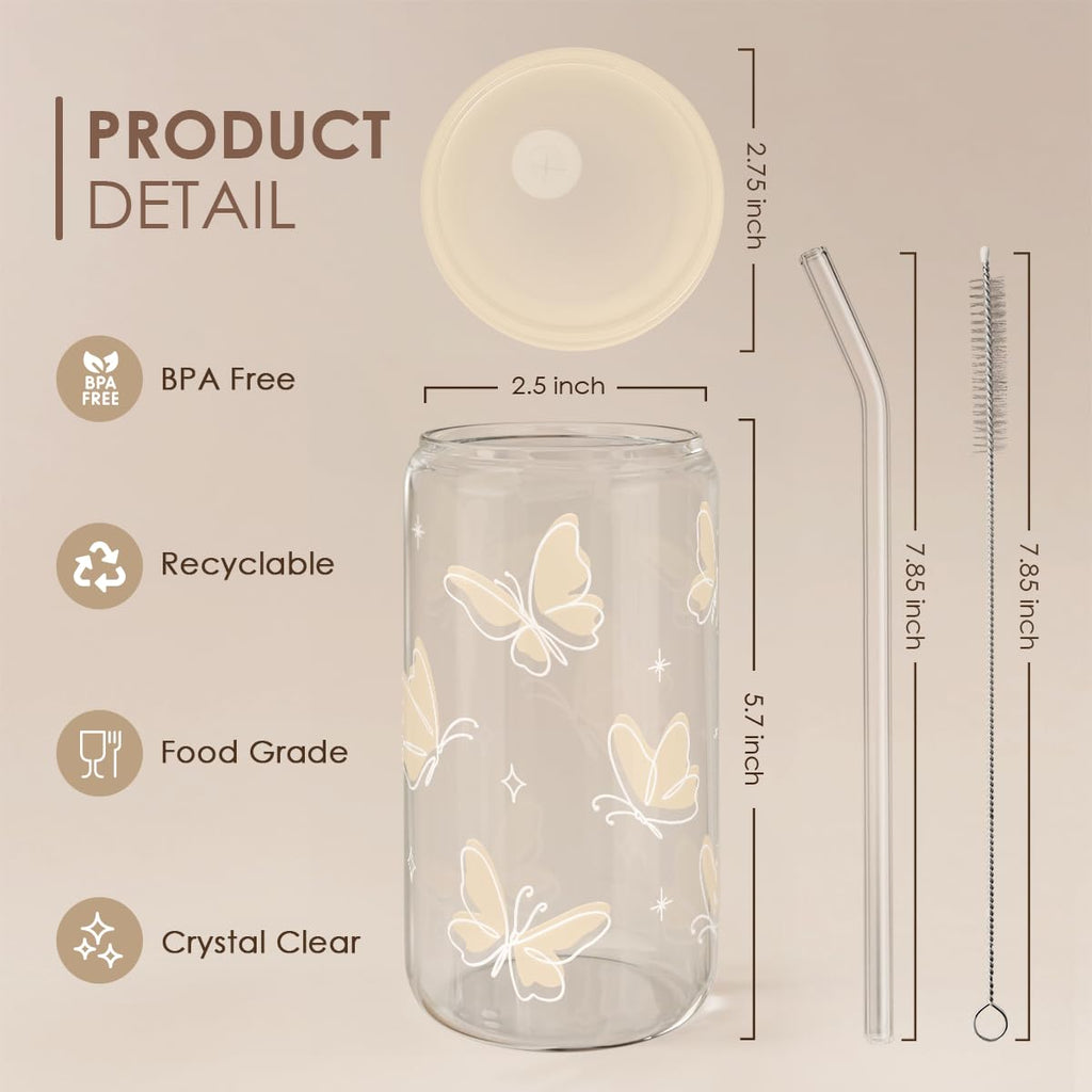 Glass Cup with Lid & Straw, Iced Coffee Aesthetic Glass Can, 16oz