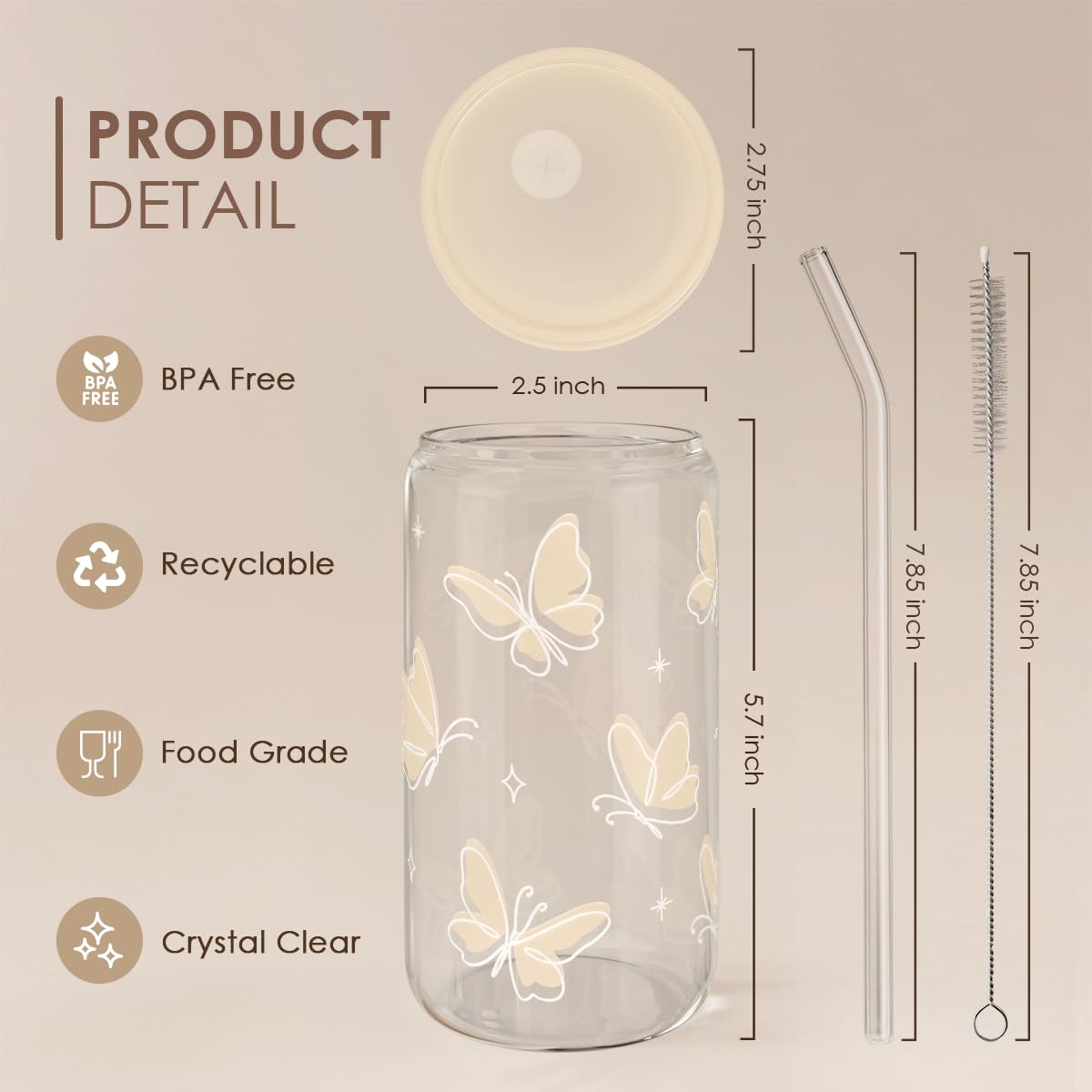 Glass Cup with Lid & Straw, Iced Coffee Aesthetic Glass Can, 16oz