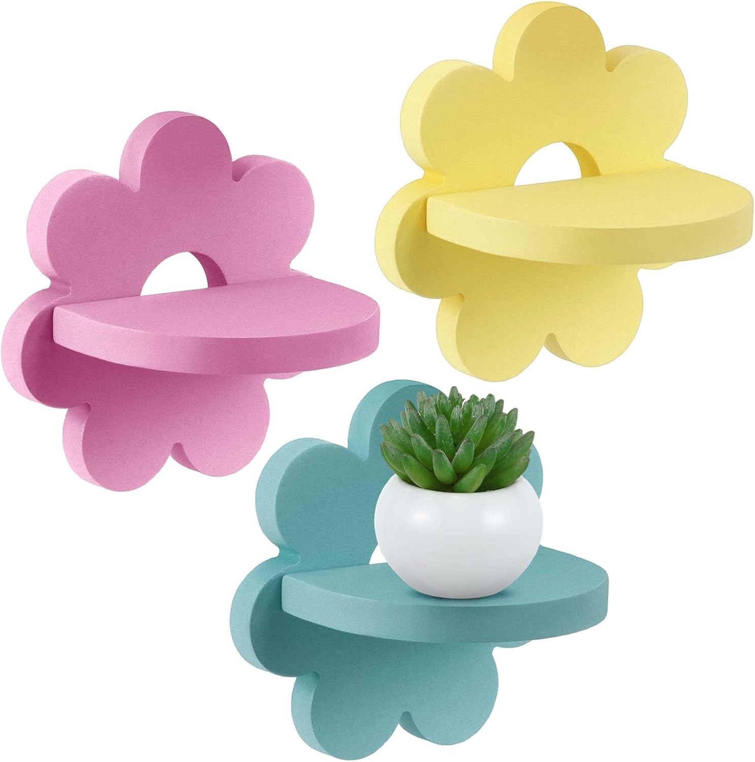 Set of 3 Daisy Flower Floating Shelves â€?Kawaii Boho Wall Decor for Bedroom, Bathroom, Living Room, and Nursery in Yellow, Pink, and Green