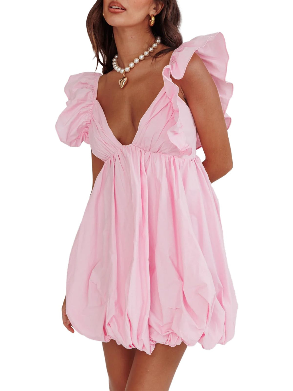 Summer Mini Deep V-Neck Babydoll Dress â€?Backless Lace-Up Sexy Bubble Dress