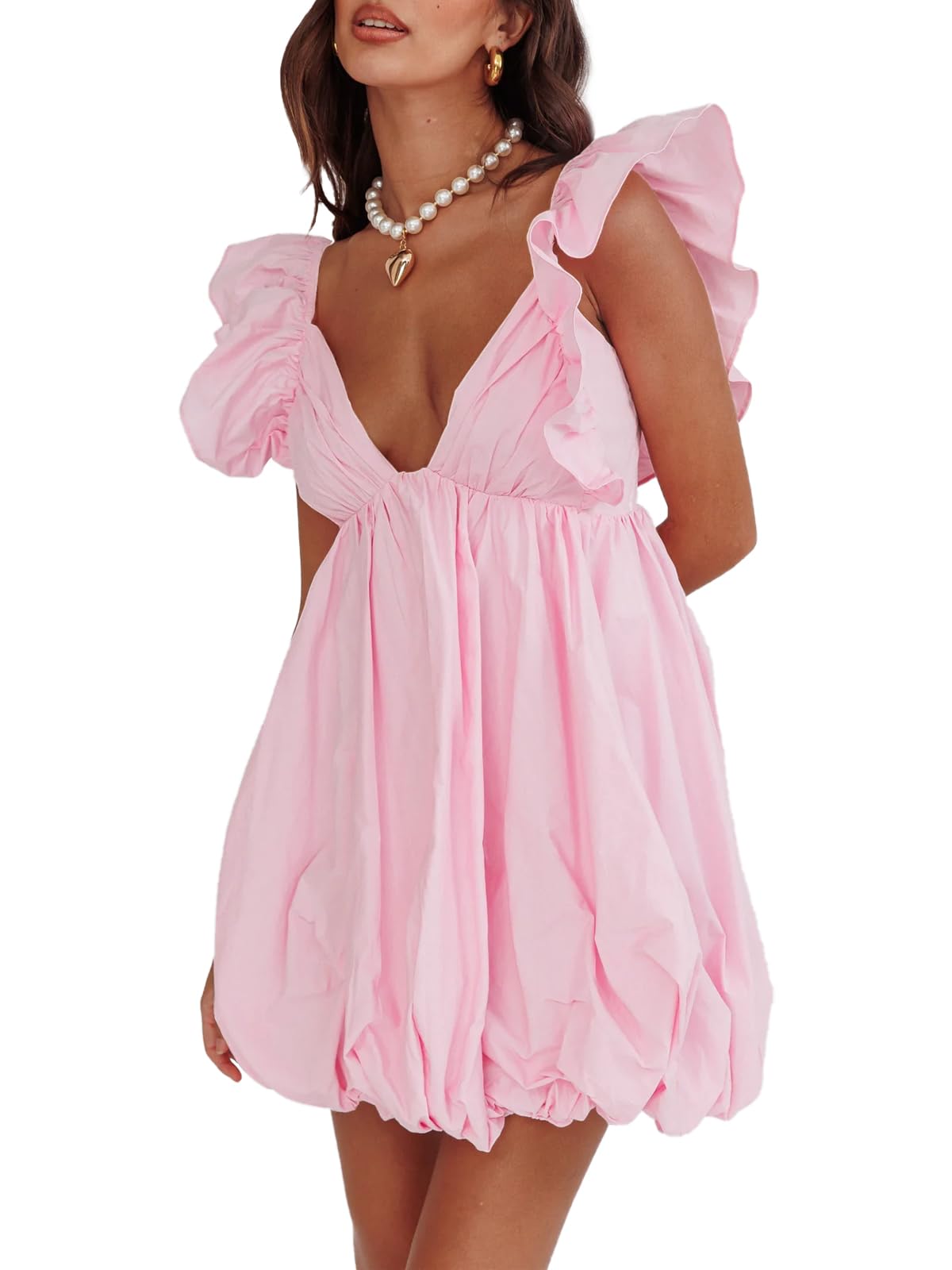 Summer Mini Deep V-Neck Babydoll Dress â€?Backless Lace-Up Sexy Bubble Dress