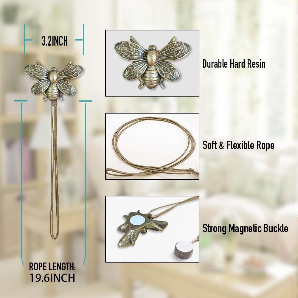 Set of 2 Resin Magnetic Curtain Tiebacks Golden Flying Bee Curtain Holders, Decorative Curtain Ties for Drapes