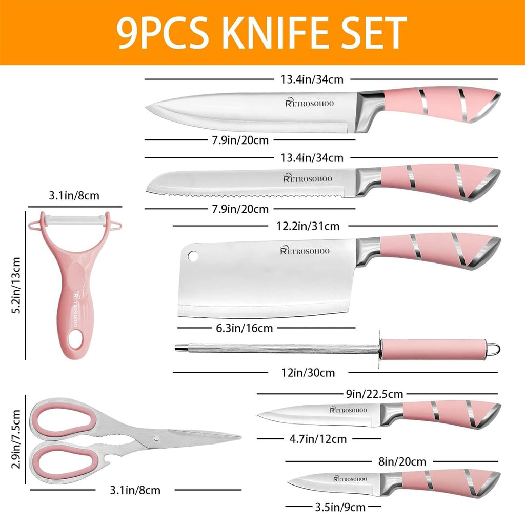 Kitchen Stainless Steel Knife Set, 9-Pieces Sharp Non-Stick Coated Chef Knives Block Set
