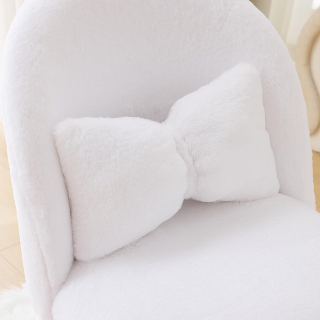 Cute, non-wheeled desk chair with backrest, fluffy cushion, cozy makeup chair with adjustable golden legs
