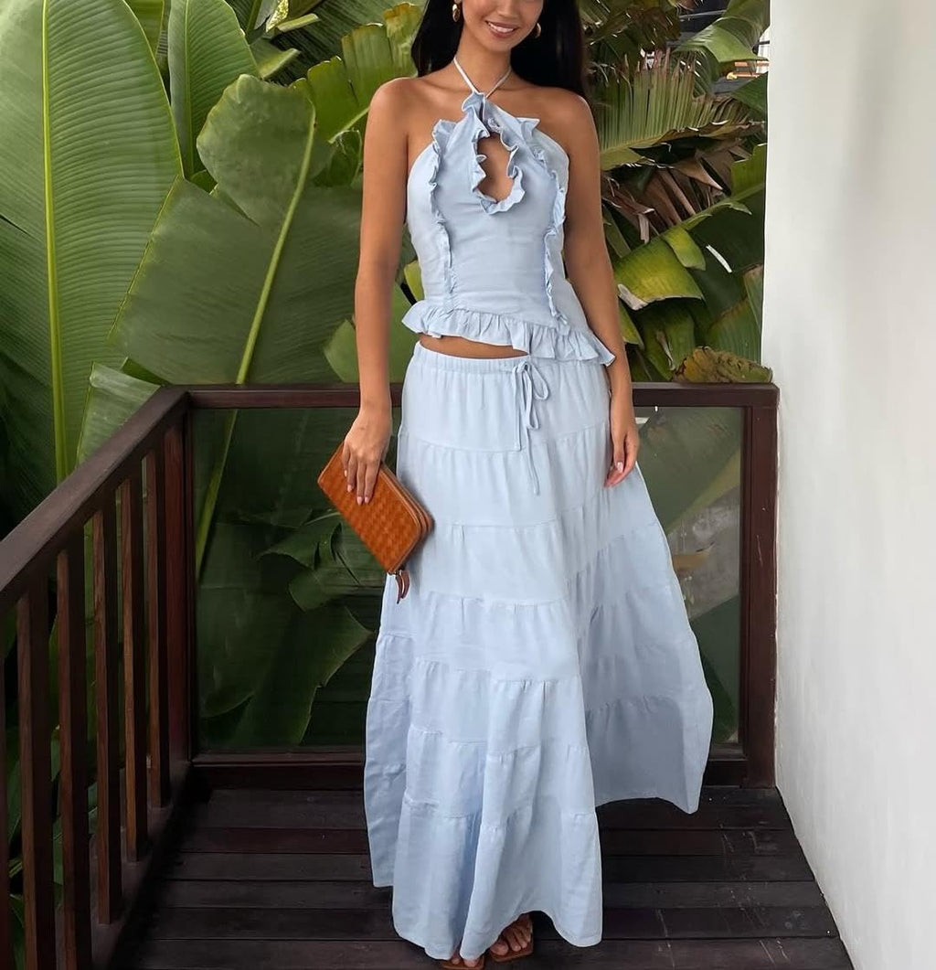 Womens 2 Piece Maxi Skirt Set Y2k Halter Ruched Cami Top Tiered Flowy Ruffle Skirt Outfit