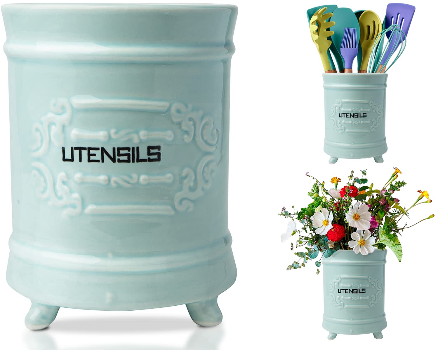 Vintage Style Kitchen Utensil Caddy - Antique Design Cooking Utensil Organizer - Rustic French Country Utensil Crock for Cooking Enthuziast