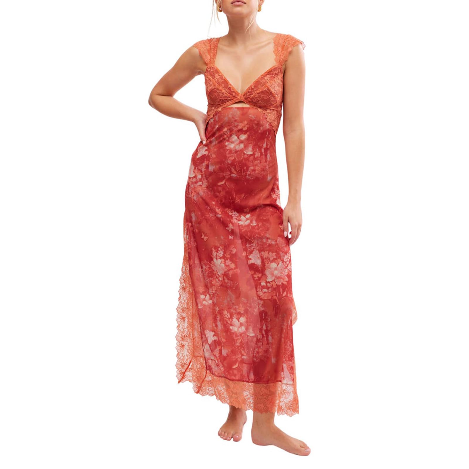 Women Sleeveless Maxi Dress Backless Bodycon Floral Printed Spaghetti Strap Long Dress Sheer Mesh Summer One-Piece