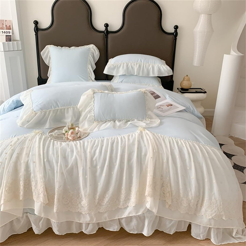 Lace Duvet Cover - Chiffon Ruffled Beddding Set with Flower, 3 Pieces Comforter Cover Set with Zipper Closure and Pillowcase